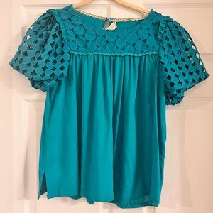 Umgee‎ babydoll swing short sleeve linen blend turquoise shirt top women’s small
